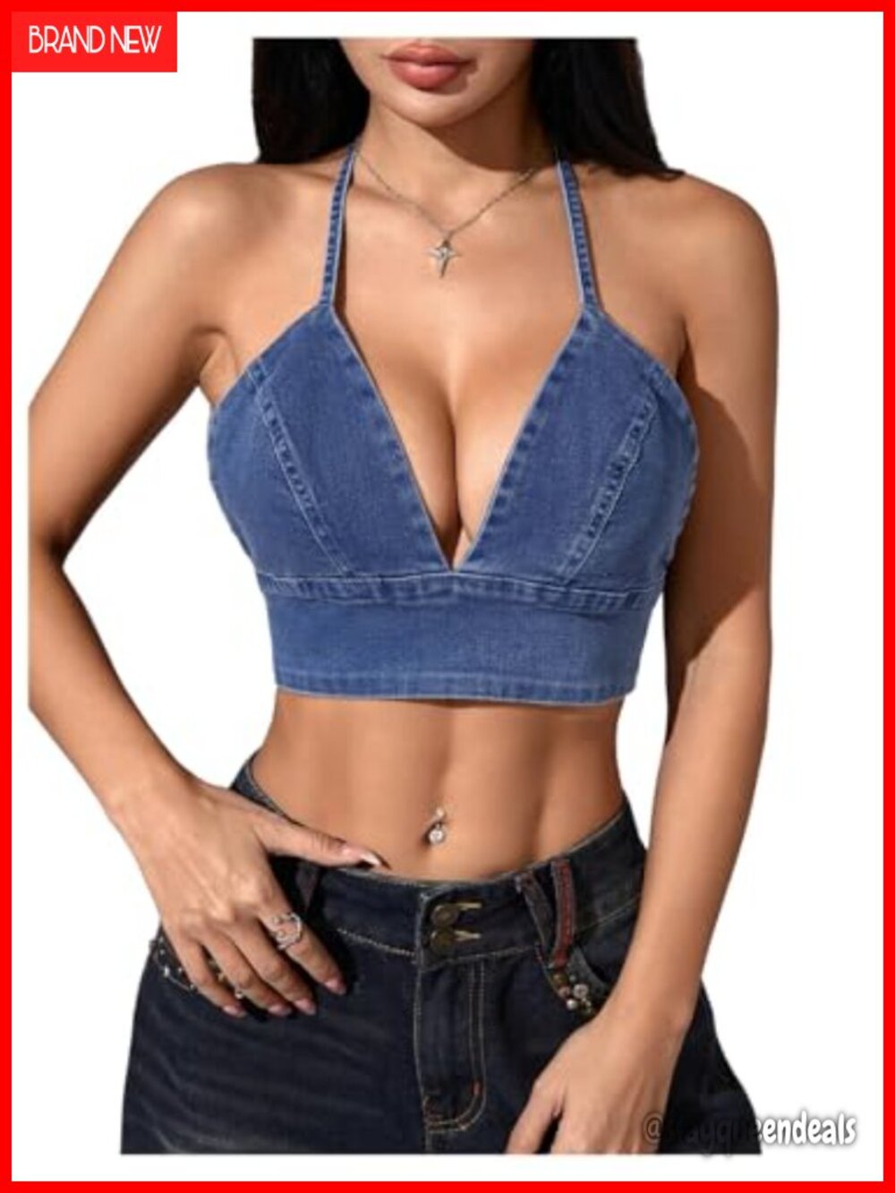 Denim Halter Crop Top Backless Tie Back Sleeveless Summer Jean Top